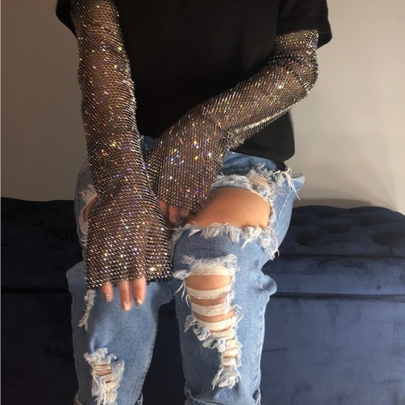 Black shirt with rhinestone sleeves. - Picture 4 of 4